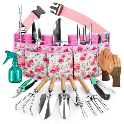 Grenebo All-in-One Garden Tool Set with Tools Organizer Belt Adjustable, 10-Piece Gardening Hand Tools, Long Lasting Rust-Proof Premium Garden Tool Kit, Gardening Gift for Women Men (Pink)