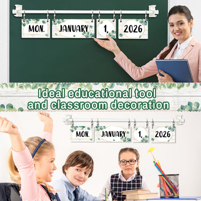 Eucalyptus Flip Calendar for Classroom Bulletin Board Set Greenery Calendar Class Whiteboard Decor with 2026 to 2030 Years Date Cards and Adjustable Rod for Home Elementary School Teacher Supplies