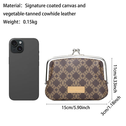 Royal Bagger RFID Coin Purses for Women, Fashion Kiss Lock Change Pouch, Double Clip Key Card Storage Bag,Signature Coated Canvas & Vegetable-Tanned Cowhide Leather 2858 (Coffee)