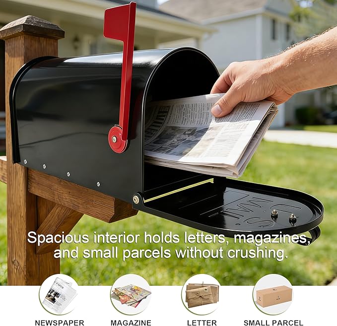 Black Galvanized Steel Post-Mount Mailbox, 19 x 8.7 x 6.7 inches, Standard Mail Box,Medium Capacity,Mailboxes for Outside Post Mount