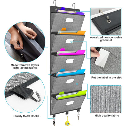 Over the Door File Organizer, Hanging File Folders, Wall Organizers and Storage for Mail, Magazine, Notebooks, Planners, Office, Classroom, 5 Extra Large Pockets, 50.39” Tall (Grey with Herringbone)