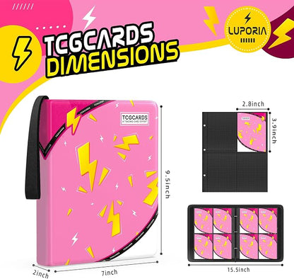 Trading Card Binder 4 Pocket,400 Pocket Card Collection Binder with 50 Removable Sleeves,PU Waterproof Top Card Book,3-Ring Zipper Collectible Trading Card Album for MTG/TCG/Card Holder Gift（Pink）