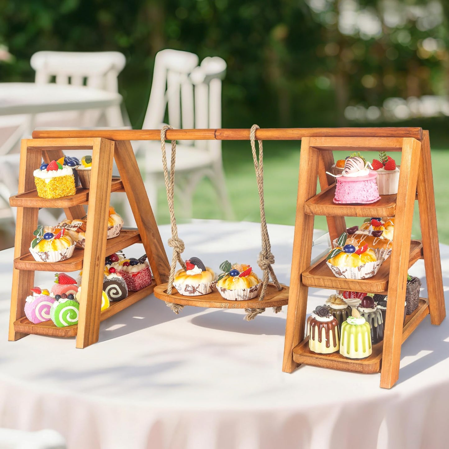 Wisreach Wooden 3 Tier Cupcake Stand, Rustic Cupcake Display Stand for Dessert Table, Foldable Serving Tray Tower for Party, Wedding, Birthday, Baby Shower, Holiday Events