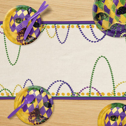 Artoid Mode Beads Happy Mardi Gras Carnival Table Runner, Seasonal Holiday Kitchen Dining Table Decoration for Indoor Outdoor Home Party Decor 13 x 90 Inch