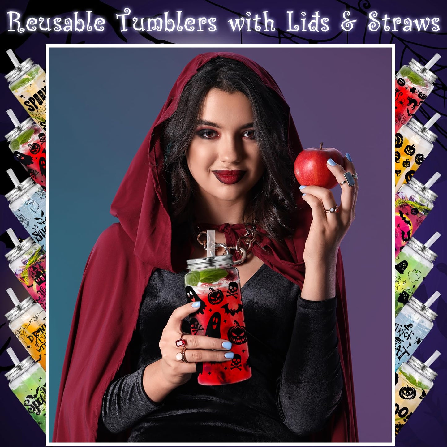 Pickmesh 48 Pcs Halloween Cups 13.5 oz Ghost Spooky Plastic Cups with Lids and Straws Bulk for Halloween Party Supplies Pumpkin Skinny Drinking Tumblers Mugs Gifts for Women