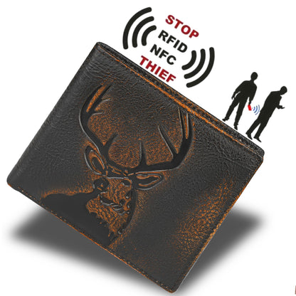 DK86 Deer Bifold Wallet for Men RFID Blocking Full Grain Leather With Hand Burnished Extra Capacity Multiple Card Slots with 2 ID Windows (black orange with deer)