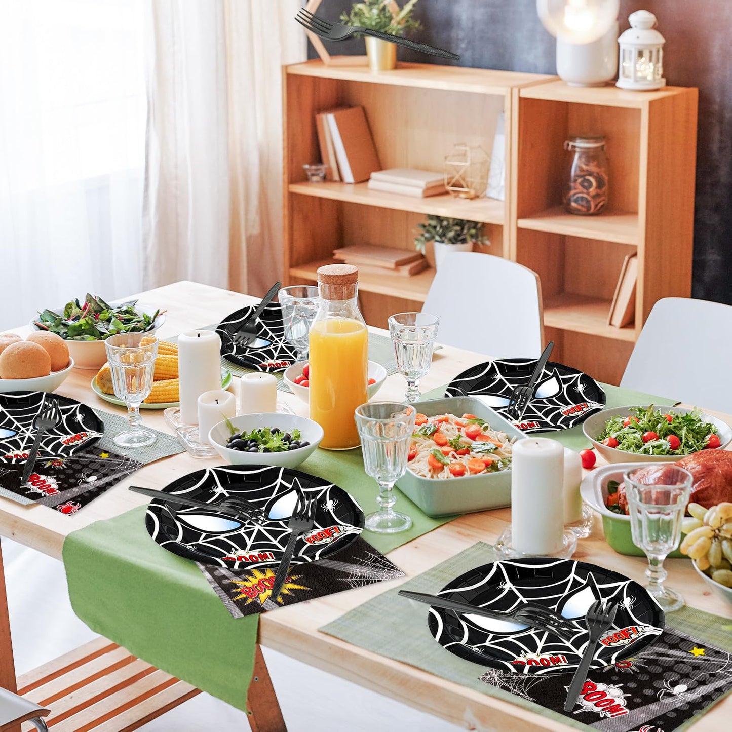 Andi Cppss Black Spider Birthday Party Supplies - 96PCS Black Spider Birthday Party Plates and Napkins Forks Disposable Tableware Birthday Parties Table Dinnerware Baby Shower Plates Serve 24 Guests