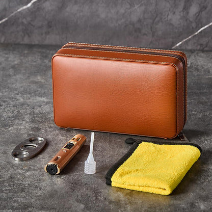 WANTHER Leather Cigar Case, Travel Humidor Holds 7 Cigars, Brown Cedar Wood Box with Cigar Cutter, Humidifier, Lighter & Towel, Portable Cigar Holder for Men, Ideal for Home, Office & Travel Gift Set