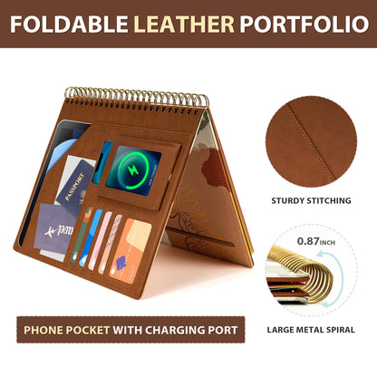 Ospelelf Clipboard with Storage for Men Women, Leather Padfolio Portfolio Organizer 5 Folders with 10 Pockets, Spiral Clipboard Folio with Notepad for Letter Size, Elastic Closure and Pen Loop Brown