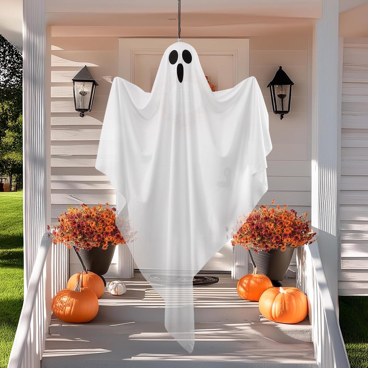 Hogrance Halloween Decorations Outdoor, White Hanging Ghost Hanging Light up with Blue LED Light, Halloween Window Decoration for Front Yard Patio Lawn Garden Party Decor Indoor Outside (Blue)