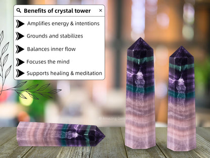 Amazing Gemstone Fluorite Crystal Towers - Natural Healing Crystal Point Obelisk for Reiki Healing and Crystal Grid (3" to 4" INCH)
