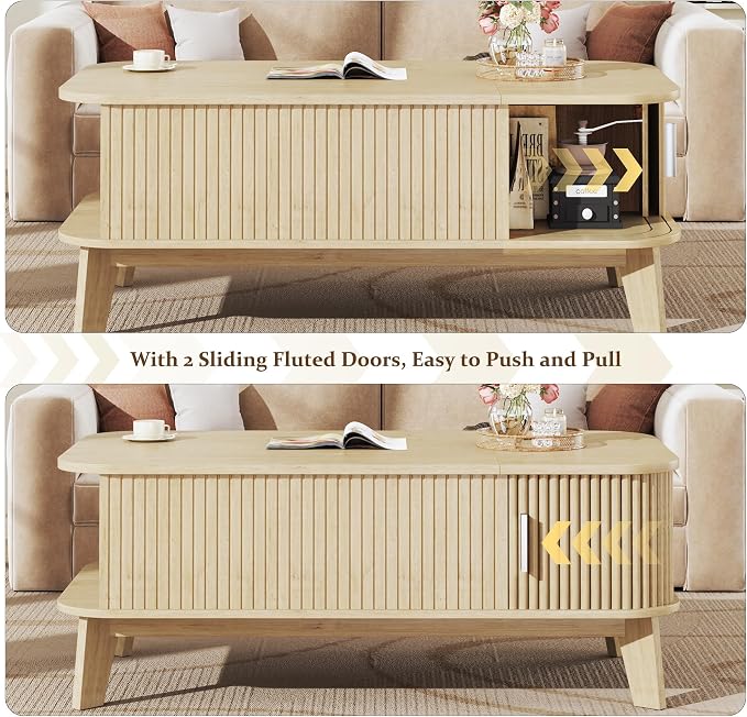 HUAHUU Coffee Table with Storage, 37.4" Lift Top Table for Living Room, Mid Century Modern Coffee Table with Sliding Fluted Doors for Small Space, Light Oak