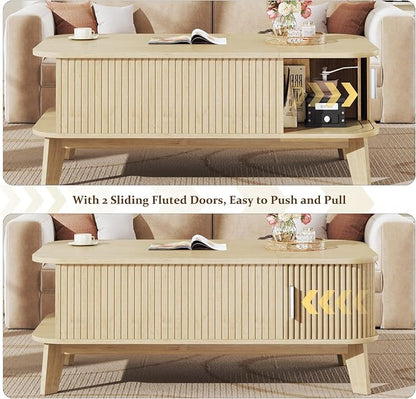 HUAHUU Coffee Table with Storage, 37.4" Lift Top Table for Living Room, Mid Century Modern Coffee Table with Sliding Fluted Doors for Small Space, Light Oak