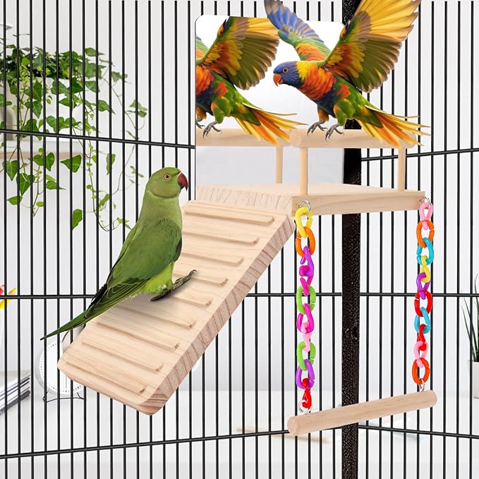 KyoukiBird Perch Platform Bird Toys with Bird Mirror Climbing Ladder Swing, Parakeet Cage Accessories - for Cockatiels, Lovebirds, Budgies,Pacific Parrotlets,Finch,Canaries - Wooden Play Gym