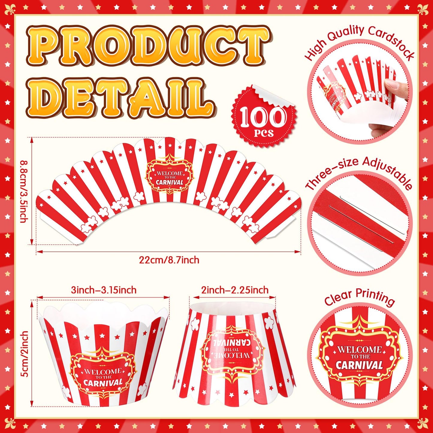 Epakh 100 Pcs Carnival Cupcake Wrappers Red White Striped Baking Cups Wrapper Circus Supplies Popcorn Decorations for Movie Night Carnival Party Birthday Circus Theme Decoration Popcorn Party Favors
