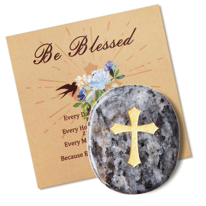 LAIDANLA Black Labradorite Cross Engraved Healing Crystal Worry Stones for Pray Faith Anxiety Relief Oval Palm Stone Polished Natural Crystal Gifts