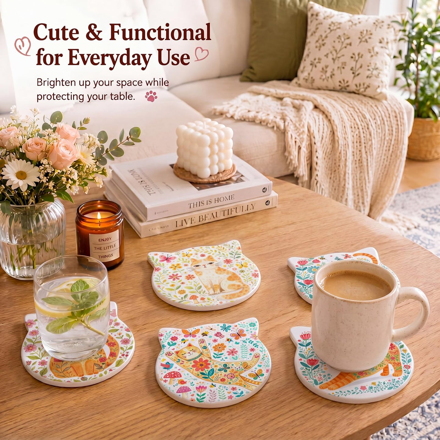 LemonRoad 4 Pack Cat Ear Coasters for Drinks 4.25 Inch Cute Absorbent Ceramic Coasters Non-slip Wooden Base for Housewarming Cat Lovers Gifts Kitchen Home Office decorate for Cold Drinks Wine Mugs Cup