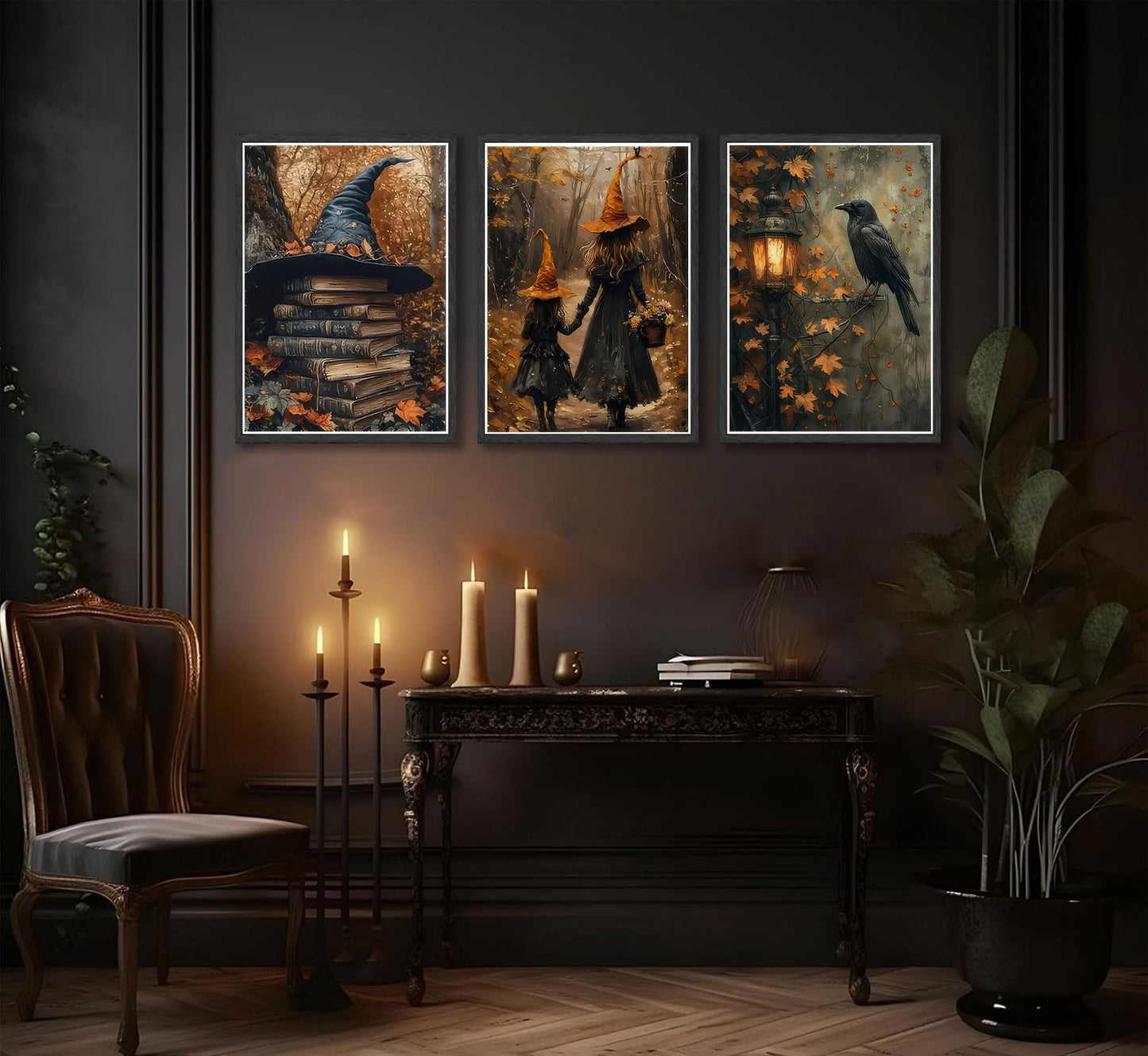 3pcs Halloween Canvas Wall Art Autumn Gothic Witch Books Crow Posters Prints Dark Academia Witch Wall Decor Pictures for Halloween Party House Decoration Unframed