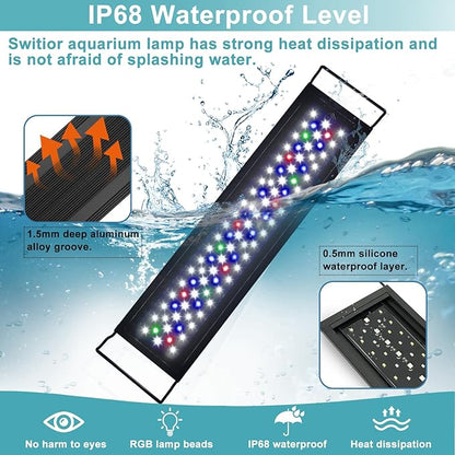 24/7 LED Aquarium Light, IP68 Waterproof Extendable Bracket Fish Tank Light with Timer, 7 Colors, 10 Level Adjustable Brightness, DIY Mode Full Spectrum Aquarium Plant Light for 18-24 Inch Fish Tank