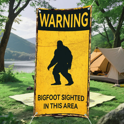 Bigfoot Caution Backdrop Banner BIGFOOT SIGHTED IN THIS AREA Sasquatch Silhouette Novelty Warning Sign Forest Theme Photography Background for Birthday Party Home Decor 35x72 Inch