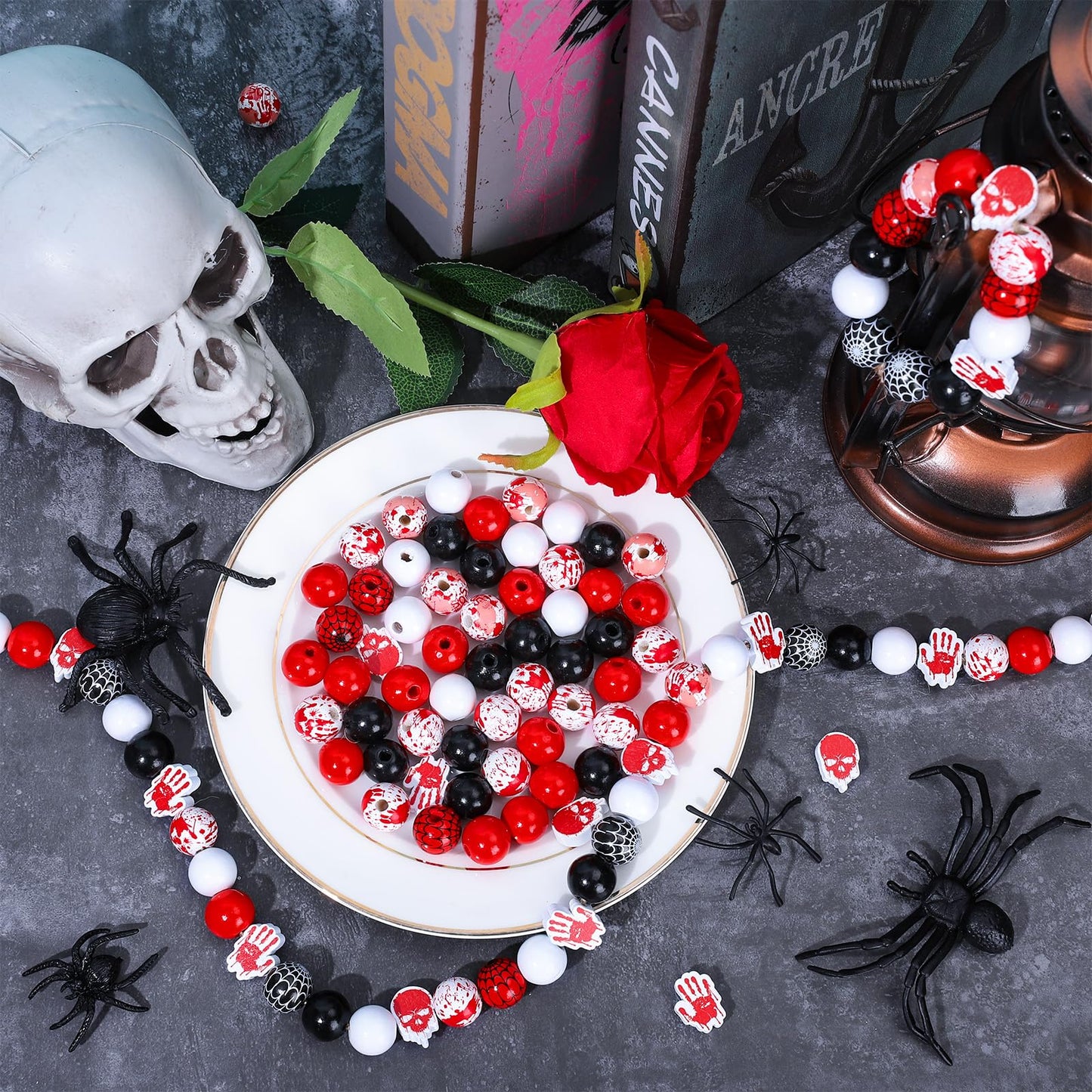 Whaline 130Pcs Halloween Wood Beads 16mm Bloody Trick or Treat Wooden Beads Spider Web Craft Spacer Bead for Necklace Bracelet Jewelry Making DIY Decor, Red Black White