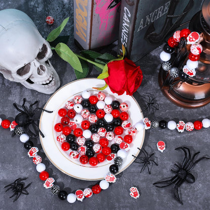 Whaline 130Pcs Halloween Wood Beads 16mm Bloody Trick or Treat Wooden Beads Spider Web Craft Spacer Bead for Necklace Bracelet Jewelry Making DIY Decor, Red Black White
