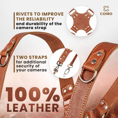 C Coiro Camera Harness for 2 Cameras – Dual Shoulder Leather Camera Strap – Double Camera Harness for DSLR/SLR, Camera Straps for Photographers of All Levels, Standard Straps/Color Tan