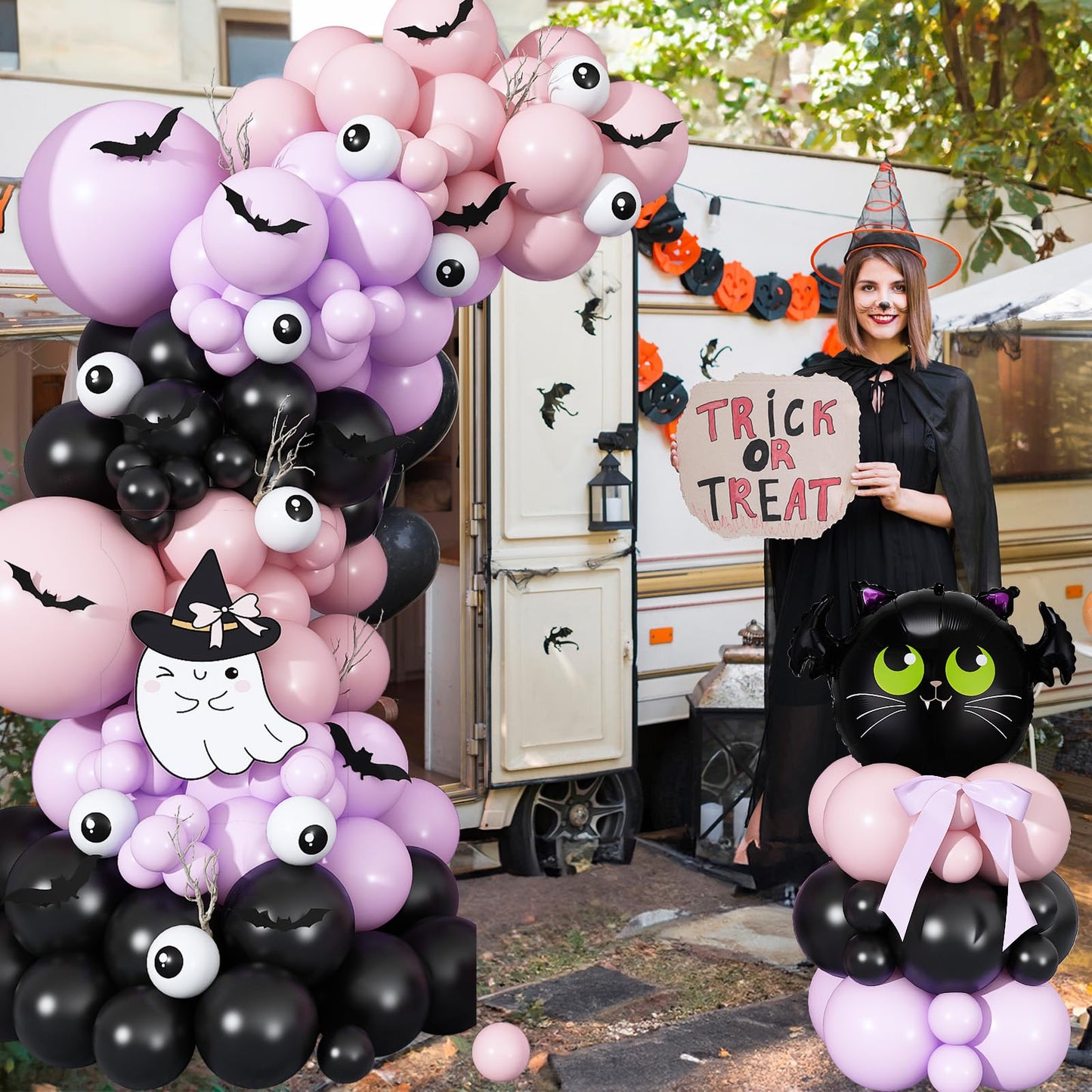Halloween Balloon Garland Arch Kit, Light Pink Pastel Purple Black Spooky White Eyeball Latex Balloons with Scary 3D Bats Foil Balloon for Kid Halloween Party Decor Indoor Outdoor Backdrop Decorations