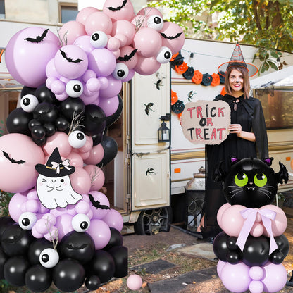 Halloween Balloon Garland Arch Kit, Light Pink Pastel Purple Black Spooky White Eyeball Latex Balloons with Scary 3D Bats Foil Balloon for Kid Halloween Party Decor Indoor Outdoor Backdrop Decorations