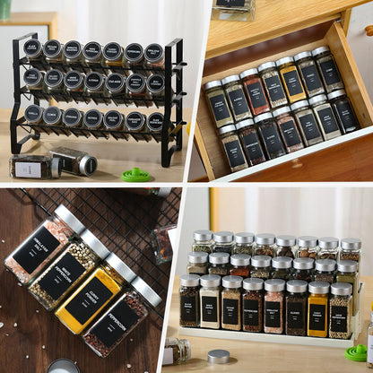 JARXSUN 24 Glass Storage Jars- Spice Jars with Label-4oz Spice Containers with Shaker Lids and Silvery Lids,3 Sets of Spice Labels for Spice Rack
