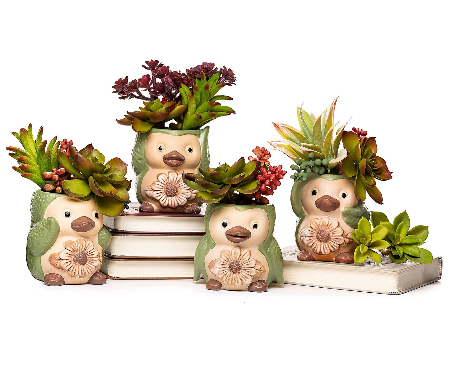 Bird/ Penguin Mini Succulent Pots, 3.6x3.5x2.3,Ceramic Animal Succulent planters,Cute Set- 4 small Flower pots,Cactus Animal Planter, Indoor/ outdoor Plant Pot,Funny Planters with Drainage Hole