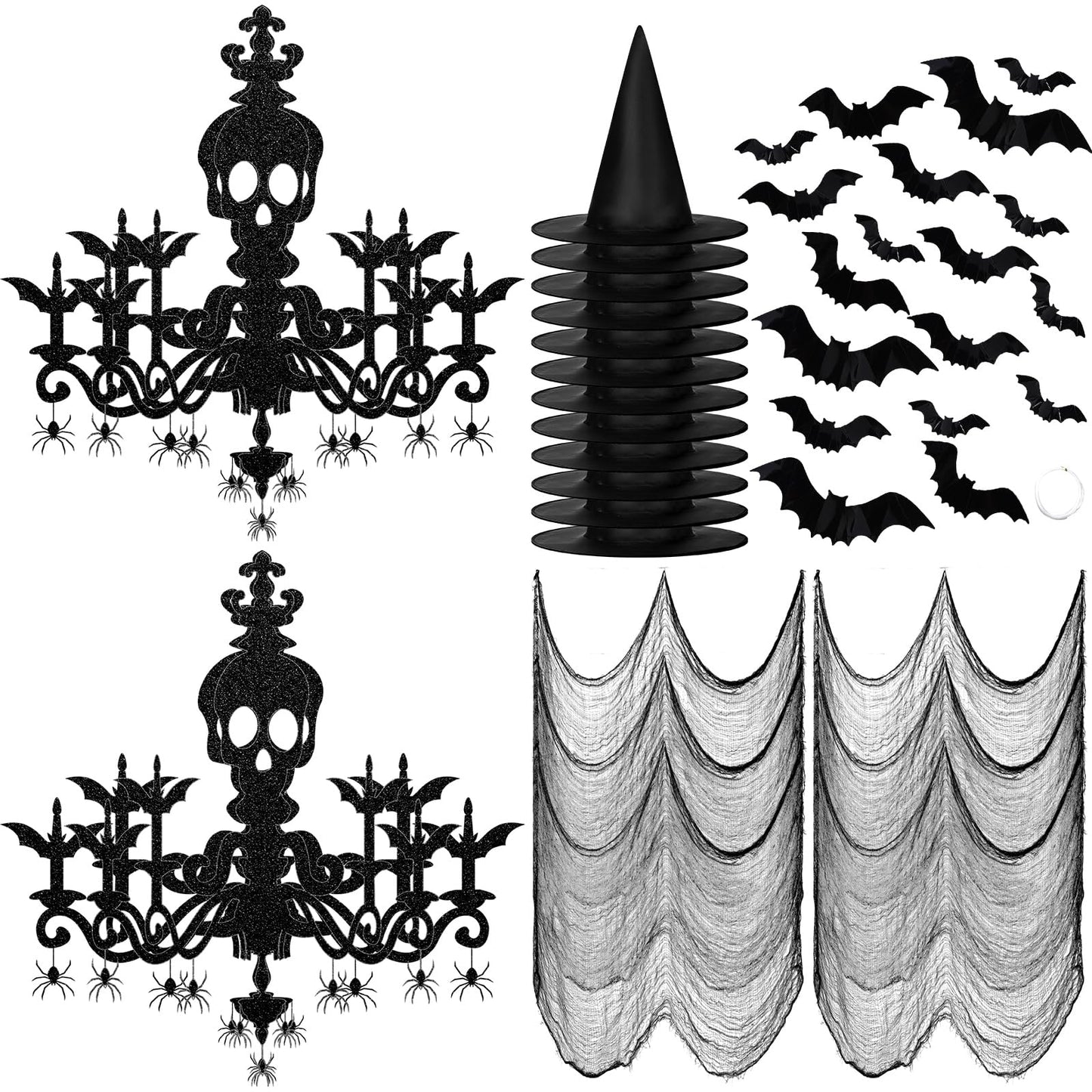 Dunzoom 52 Pcs Halloween Chandelier Decoration Hanging Ceiling Decorations Haunted House Including Skull Glitter Cardboard Ceiling Witch Hat Bat Horror Mesh for Halloween Haunted House Indoor Party