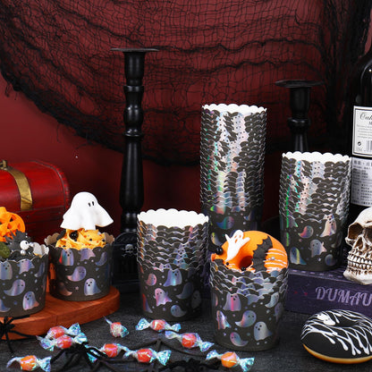 JarThenaAMCS 100Pcs Halloween Paper Baking Cups Holographic Ghost Star Cupcake Wrappers Iridescent Scalloped Edge Cupcake Muffin Cases for Halloween Little Boo Party Supplies