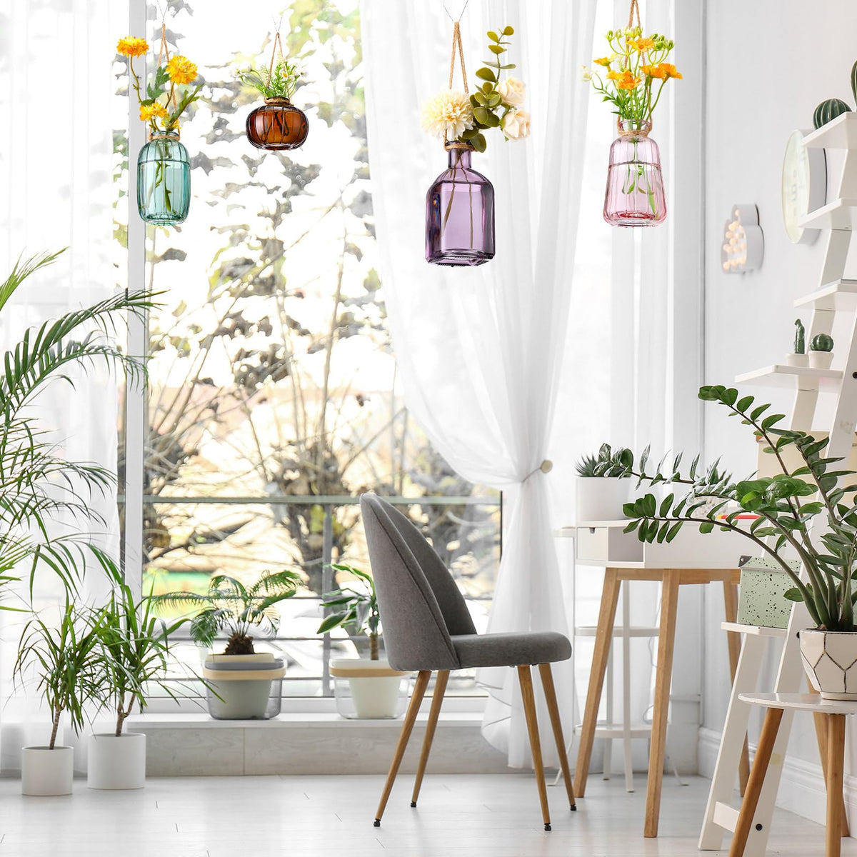 Wonderjune 4 Pcs Stained Glass Hanging Vases Hanging Glass Planters Small Plant Terrarium Pot Containers with Rope for Garden Home Indoor Outdoor Decor, 4 Styles (Fashionable)
