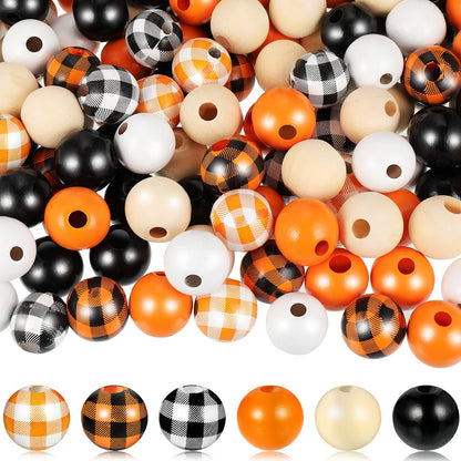 200 Pieces Halloween Wood Beads Buffalo Plaid Yellow Orange Black Wood Spacer Beads Round Rustic with Rope for Halloween Garland Decoration DIY Home Decor