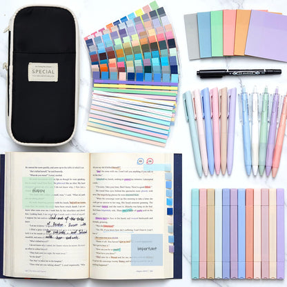 Trandraft 135 Pcs Book Annotation Kit with Pencil Case, 12 Pastel Highlighters, 11 Gel Pens, Fine Marker, 300 Transparent Sticky Notes, 2640 Index Tabs, Bible Study Supplies Kit(Classic,Black)