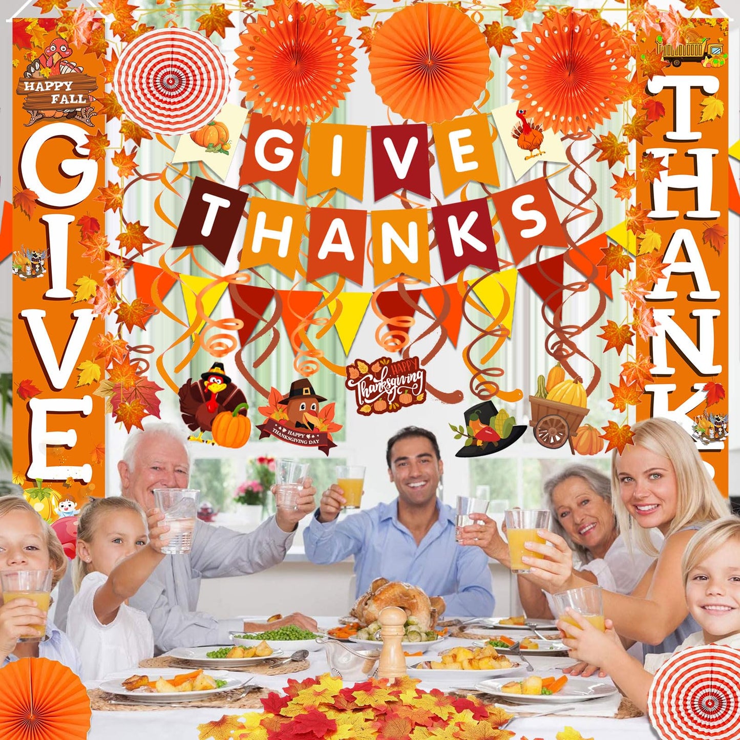 Famoby GIVE THANKS Hanging Banner Porch Sign Autumn Pumpkin Maple Leaf Backdrop Flag Banner Paper Fan&Swirls for Thanksgiving Party Decorations