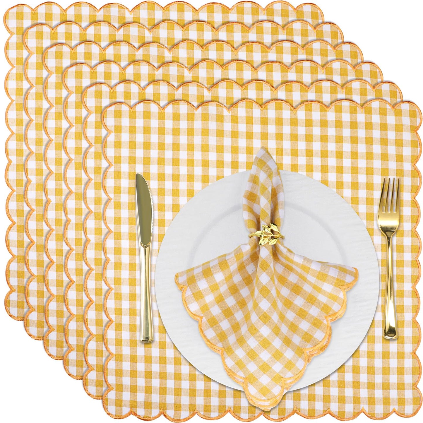 SmoothNovelty 12 Pack Buffalo Plaid Cloth Napkins 18x18 Inch Checkered Cloth Napkins Scalloped Soft Cotton Table Mat Washable Reusable for Dinner Wedding Holiday Birthday Parties (Classic,Yellow)