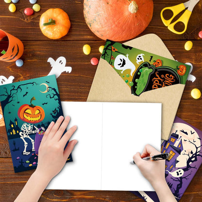 24 Pack Halloween Cards with Envelopes and Stickers, 8 Assorted Horror Designs Note Card for Trick or Treat Invitation, Halloween Party, Boxed Spooky Season Gift for Family Friend, 4x6in