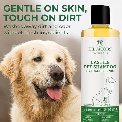 Dr. Jacobs Naturals Castile Pet Shampoo - Gentle Cat & Dog Wash w/Pure Castile Soap - Plant-Based Dog Shampoo w/Olive Oil, Coconut Oil, Shea Butter, Aloe Vera, Vitamin E - Green Tea & Mint