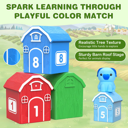 GooMags Montessori Toys for Toddlers, Farm Animal Train Set with Counting Matching Sorting Activities 9 Barns, 10 Finger Puppets, 2 Stickers-Learning Toys for Baby Boys Girls, Preschool Gift