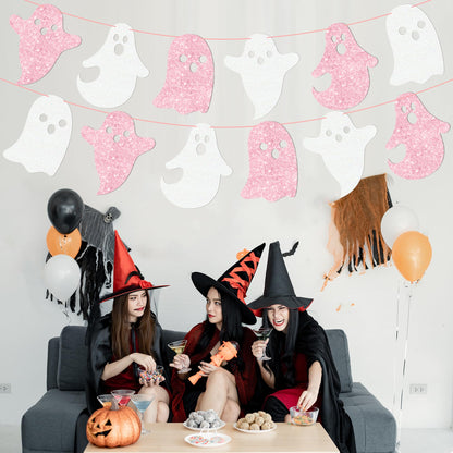 Halloween Party Supplies Halloween Hanging Ghost Banner 2PCS Glitter White Pink Ghost Birthday Party Cutout Banner for Home Haunted Houses Baby Shower Decor