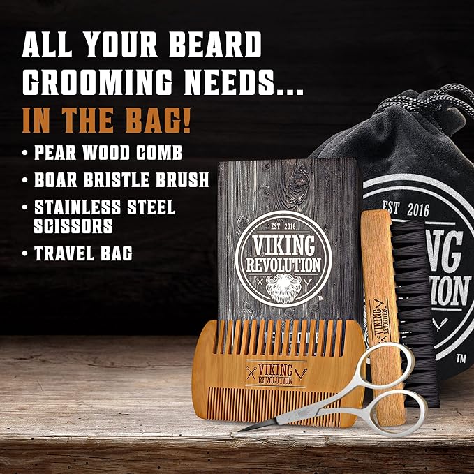 Viking Revolution Beard Comb & Beard Brush Set for Men -- Natural Boar Bristle Brush and Dual Action Pear Wood Comb w/Velvet Travel Pouch - Great for Grooming Beards and Mustaches