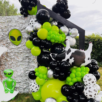 Enanal 154pcs Alien Balloon Arch Kit - Green Black Silver Latex Balloons with Alien/UFO/Cow/Burst Foil Balloons for Alien Decorations, Space Birthday, Trunk or Treat Car Decor