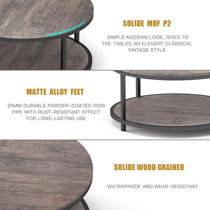 NSdirect Round Coffee Table,36" Coffee Table for Living Room,2-Tier Rustic Wood Desktop with Storage Shelf Modern Design Home Furniture(Light Walnut)