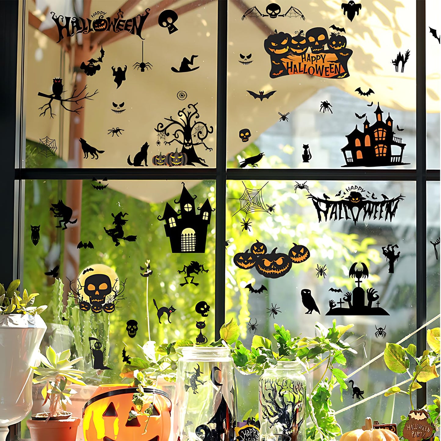 Halloween Wall Decals Stickers, Black Haunted Castle Pumpkin Skeleton Window Clings, Removable Spooky Spider Web Witch Silhouette Wall Stickers for Party Home Decor