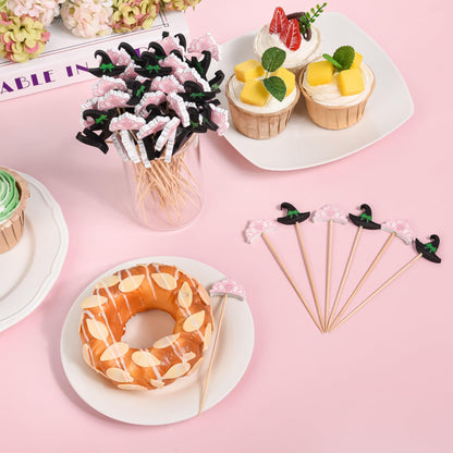 100 Pcs Witch Hat Cocktail Picks Decorative Toothpicks for Appetizers Fruit Sandwich Charcuterie Skewers Food Sticks for Pink Green Birthday Baby Shower Halloween Party Supplies
