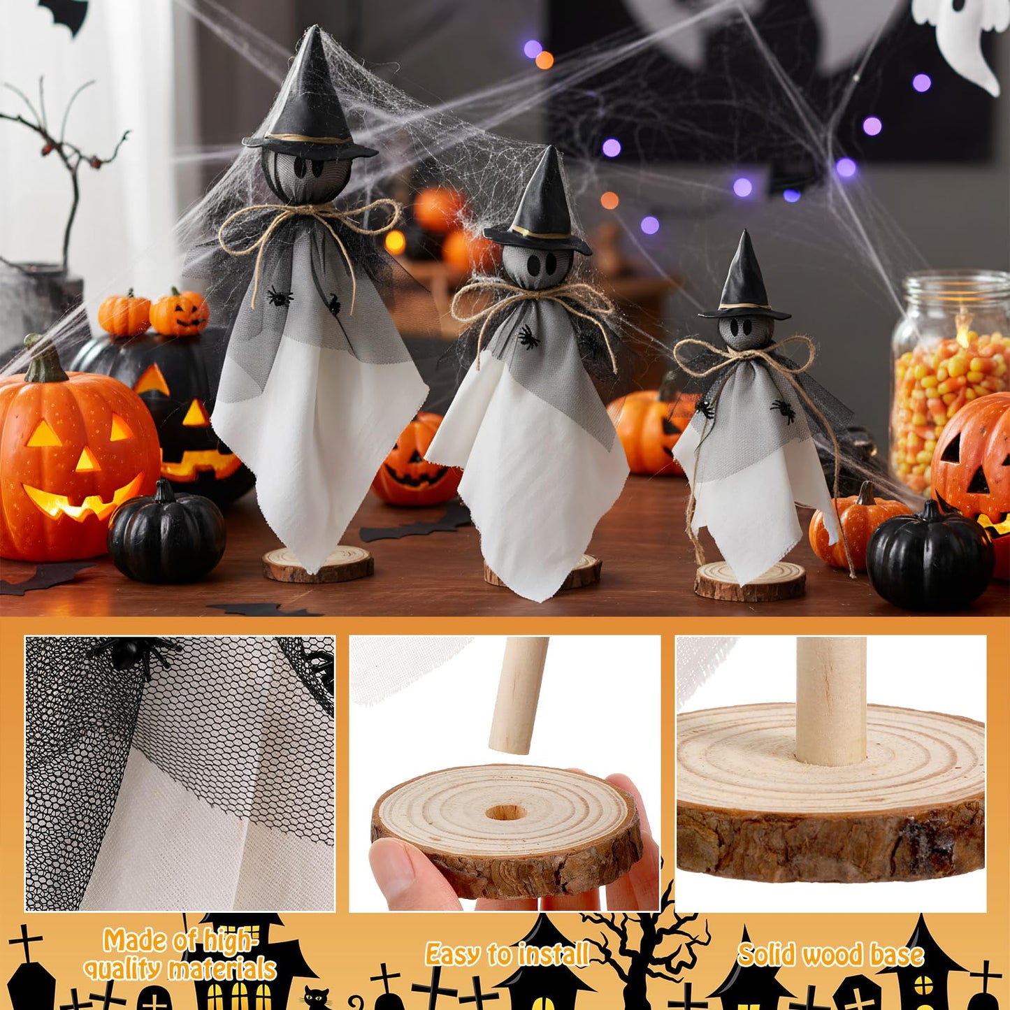 AceOrbit Halloween Decorations Indoor Ghost Set of 3 Sizes Primitive Ghost Wooden Stand Rustic with Witch Hat Spider Fabric Figure Shelf Sitters Table Centerpieces Tiered Tray Halloween Party Supply