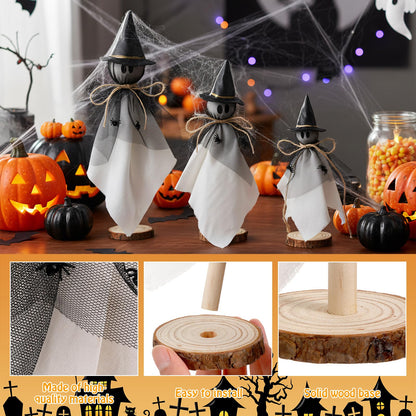 AceOrbit Halloween Decorations Indoor Ghost Set of 3 Sizes Primitive Ghost Wooden Stand Rustic with Witch Hat Spider Fabric Figure Shelf Sitters Table Centerpieces Tiered Tray Halloween Party Supply