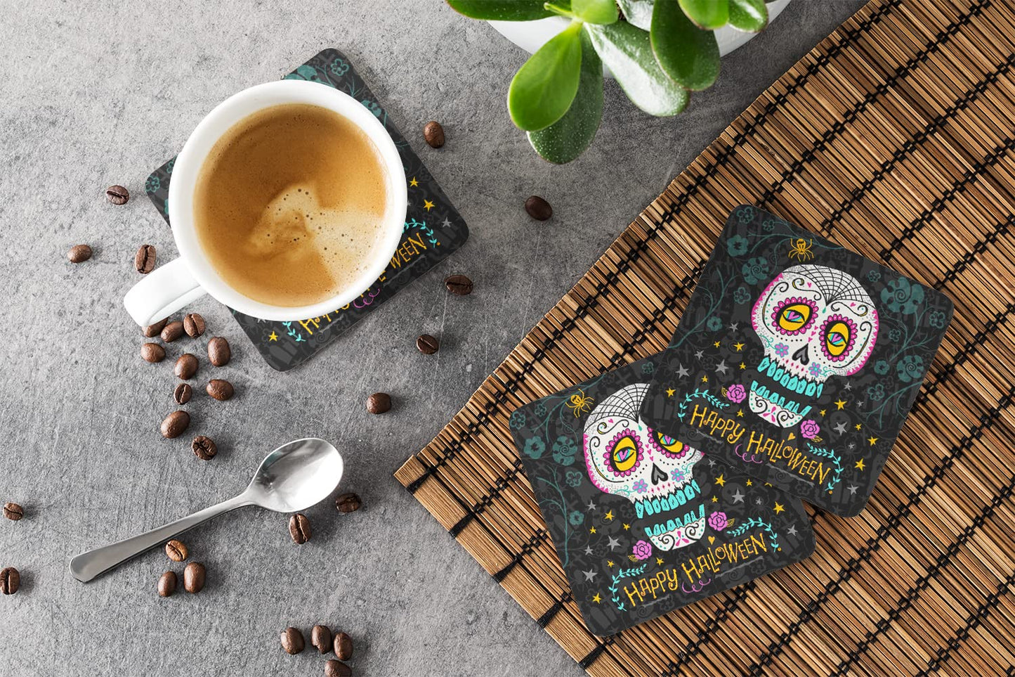 Caroline's Treasures VHA3035FC Happy Halloween Day of The Dead Foam Coaster Set of 4 Set of 4 Cup Coasters for Indoor Outdoor, Tabletop Protection, Anti Slip, Mouse pad Material